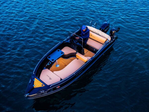 This is an image of our black Kardamili Boat Rentals boat called Meropi, as seen from above.