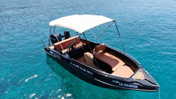 This is an image of our black Kardamili Boat Rentals boat called Meropi, as seen from above.