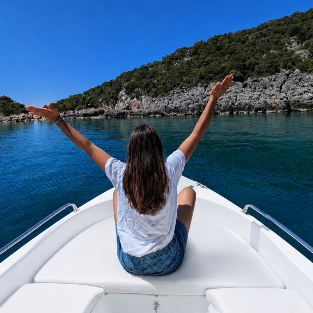 Enjoying a full-day boat rental in Kardamyli, Mani Greece