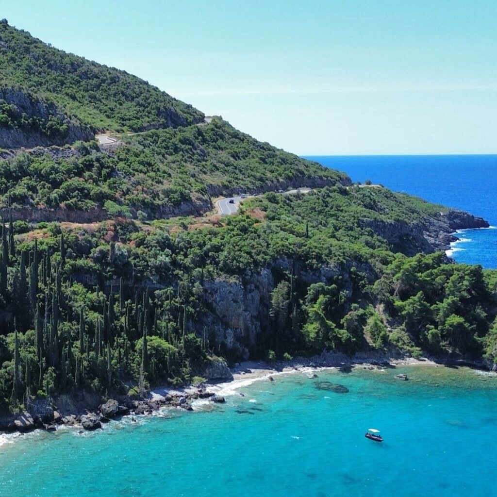 Aerial view of a hidden beach near Kardamyli, Mani Greece
