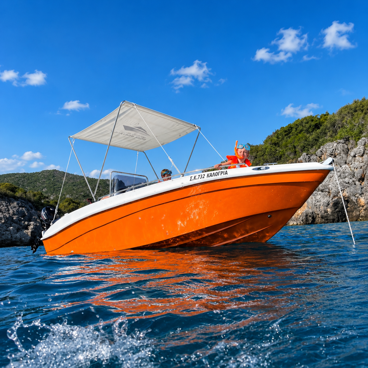 Assos 5.10m licence-free boat near hidden beaches in Kardamyli, Mani Greece