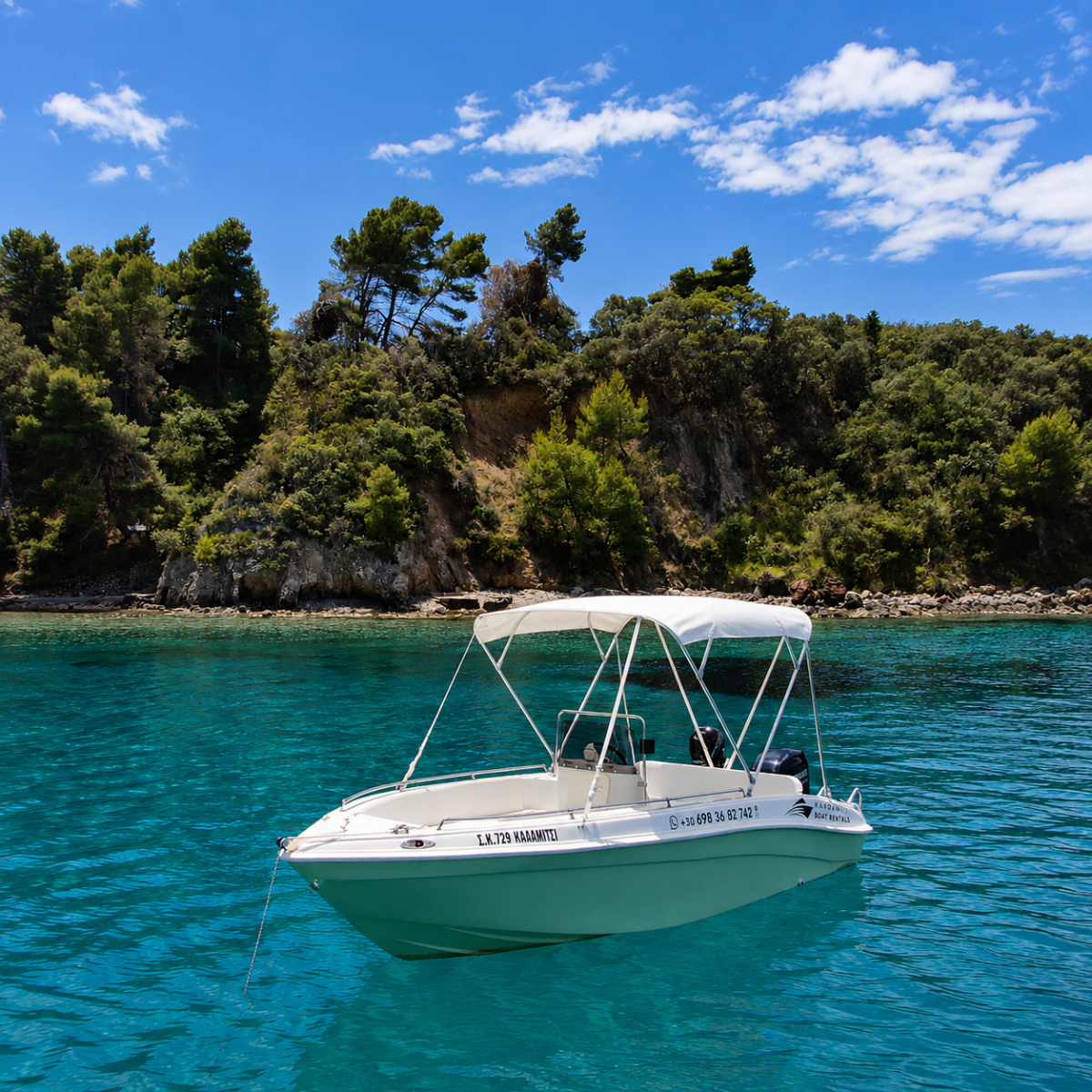 Assos 5.10m licence-free boat anchored in Mani, Greece