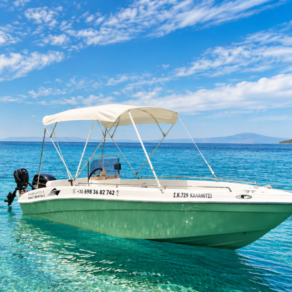 Kalamitsi licence-free boat in crystal-clear waters near Kardamyli, Mani Greece